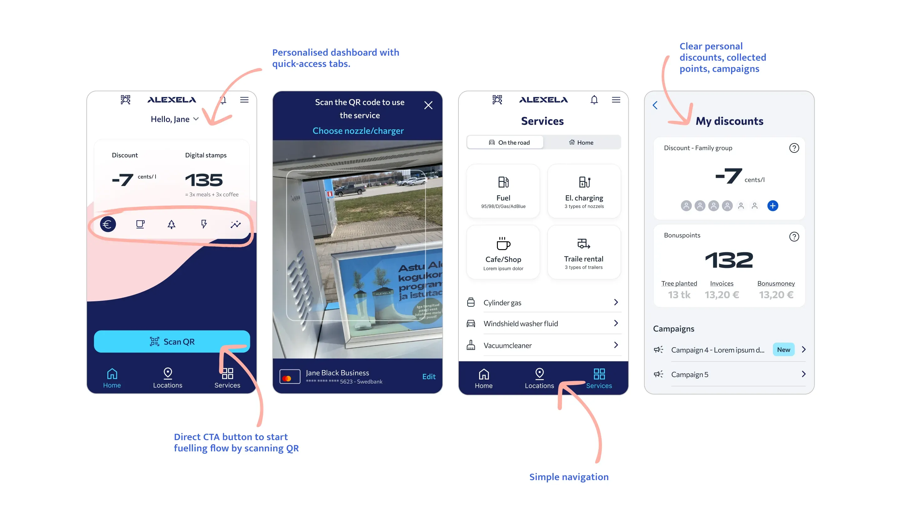Alexela app design prototypes