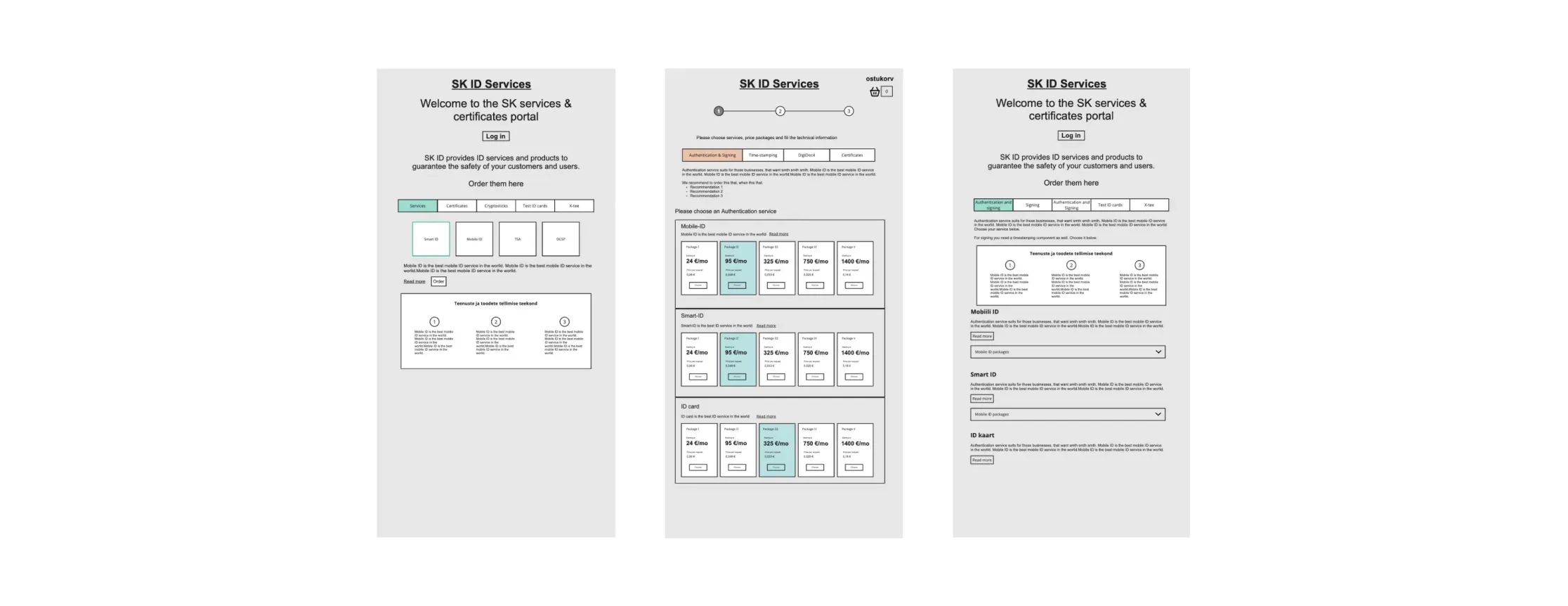 First sketches of product selection page